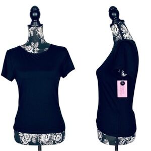 NWT Suzette Collection black crewneck waist length contour top size S/M